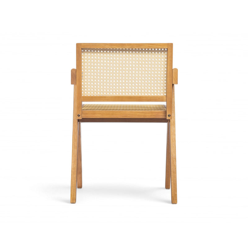 Set of two Noble House Chandigarh arm dining chairs with natural cane seats and wooden frames, showcasing elegant, modern design.