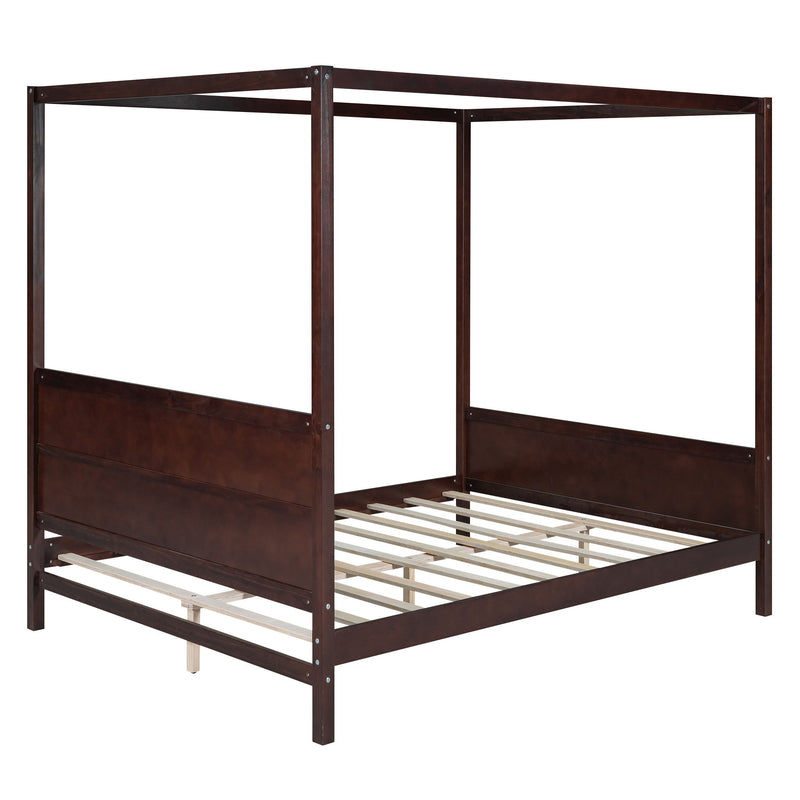 DreamHaus canopy platform bed with headboard, footboard, and slat support legs, showcasing a sturdy wooden frame and elegant design.
