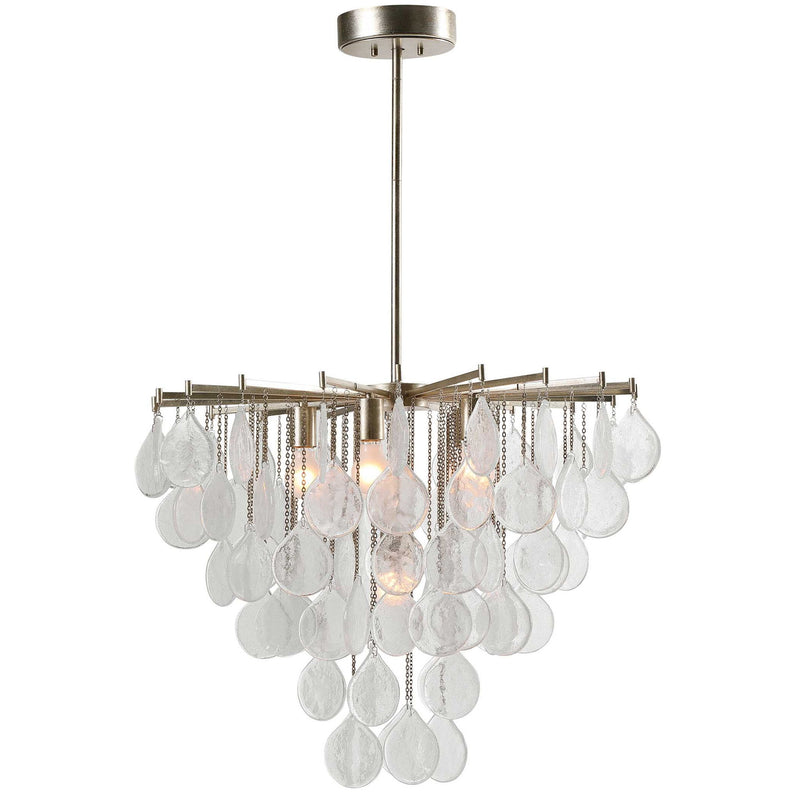Uttermost Goccia tear drop glass pendant light hanging with a sleek, modern design and clear glass teardrop shape.