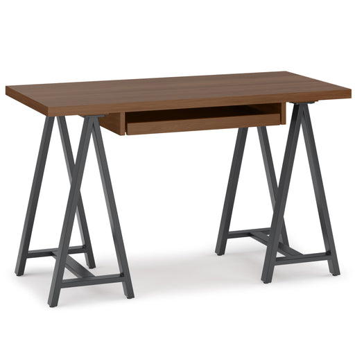 Handcrafted solid wood sawhorse desk from Simpli-Home, featuring a sturdy writing desk with a natural wood finish.