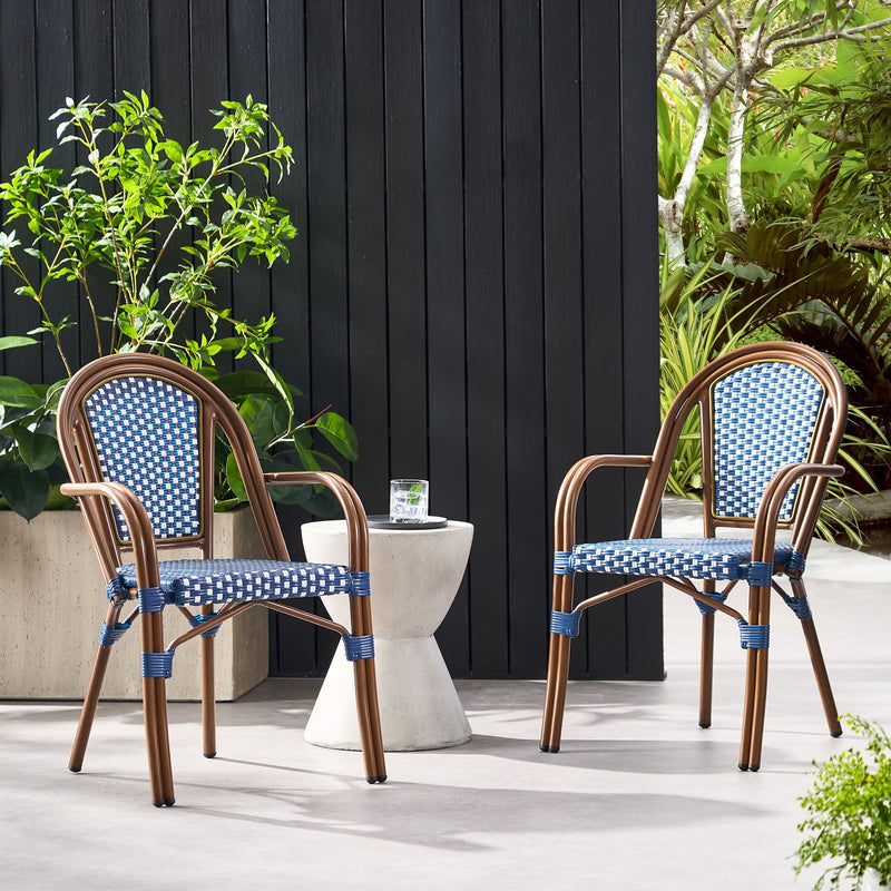 Set of two Noble House bistro chairs with white and navy two-toned checkered pattern, featuring a stylish and comfortable design.