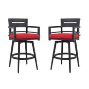 Set of two outdoor swivel bar chairs by Life Outside with ergonomic backrests and 360-degree rotation for comfortable patio seating.