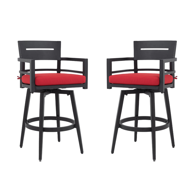 Set of two outdoor swivel bar chairs by Life Outside with ergonomic backrests and 360-degree rotation for comfortable patio seating.