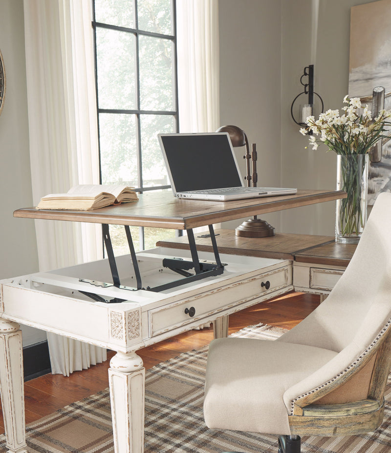 Realyn - Home Office Lift Top Desk - White / Brown - R&R Furniture Gallery (Fountain Valley, CA)