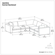 Simpli-Home Jasmine handcrafted stationary sectional sofa with plush cushions and beige fabric, arranged in a modern living room setting.
