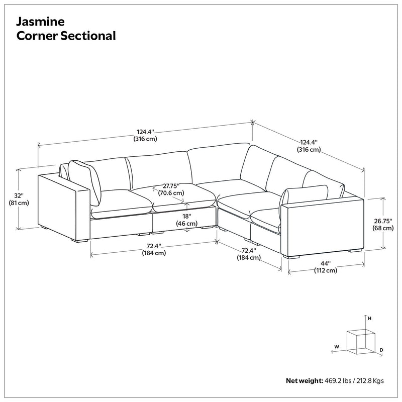 Simpli-Home Jasmine handcrafted stationary sectional sofa with plush cushions and beige fabric, arranged in a modern living room setting.