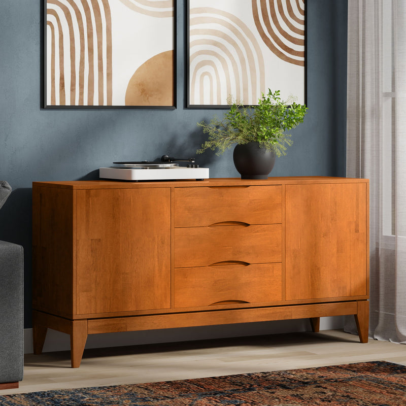Simpli-Home Harper sideboard buffet with wood finish, featuring multiple drawers and cabinet doors for versatile storage.