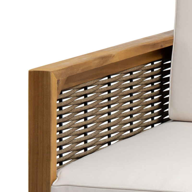 Noble House outdoor acacia wood arm chair with wicker accents, featuring a sturdy frame and comfortable seating for patio or garden.