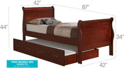 Elegant Glory Furniture trundle bed with classic design, featuring a wooden frame and a pull-out storage or sleeping drawer.