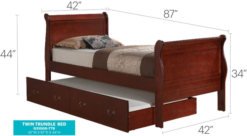 Elegant Glory Furniture trundle bed with classic design, featuring a wooden frame and a pull-out storage or sleeping drawer.