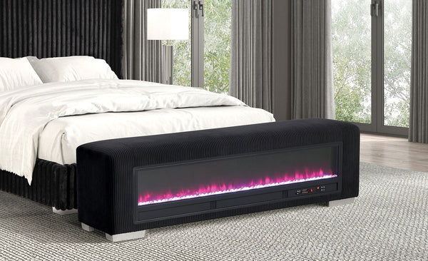 Elnath - Bench w/ Visual Crystal Fireplace, Black