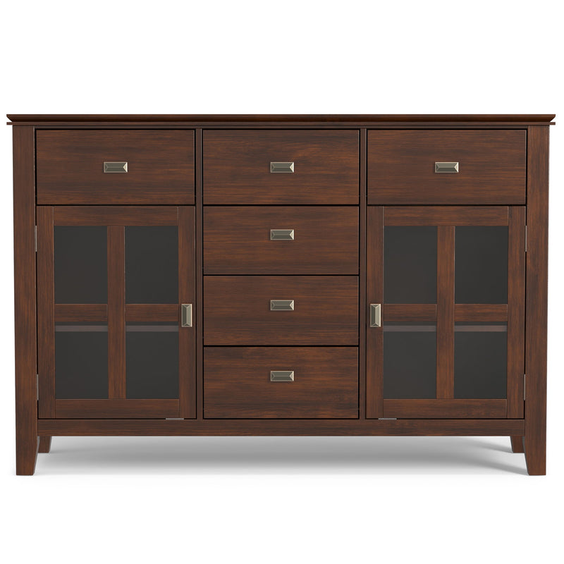 Handcrafted Simpli-Home Artisan sideboard buffet with wooden finish, featuring multiple storage drawers and cabinets.