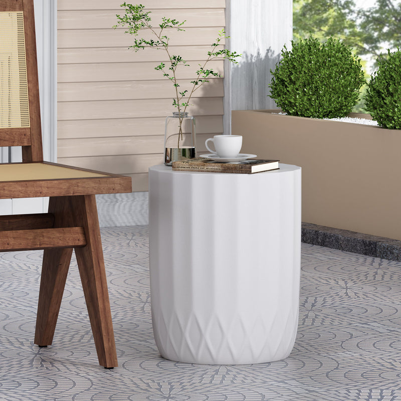 Antique white outdoor end table with scallop edge by Noble House, showcasing a sturdy wooden design suitable for patio or garden.