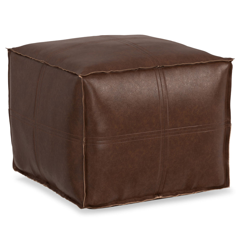 Simpli-Home Brody versatile square accent pouf with neutral fabric and cushioned top, suitable for living room or seating area.