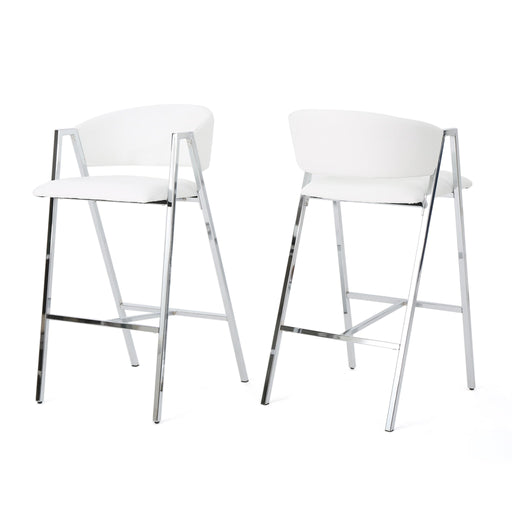 Set of two ivory modern bar stools with low backs, armrests, and durable metal frames by Noble House.