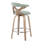 Lumi Source Gardenia mid-century modern counter stool set with swivel, fixed height, featuring sleek wooden seats and metal bases.