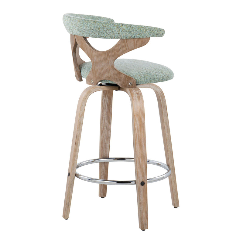 Lumi Source Gardenia mid-century modern counter stool set with swivel, fixed height, featuring sleek wooden seats and metal bases.