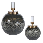 Pair of dark gray art glass bottles from Uttermost Cessair set, decorative vases with a sleek, modern design.