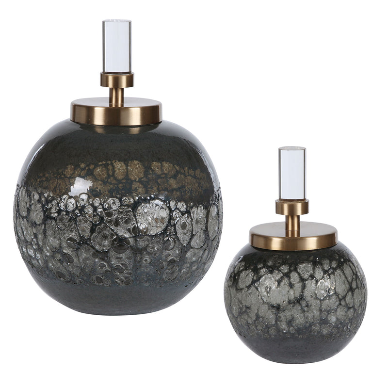 Pair of dark gray art glass bottles from Uttermost Cessair set, decorative vases with a sleek, modern design.