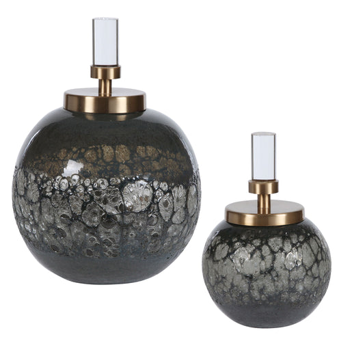 Pair of dark gray art glass bottles from Uttermost Cessair set, decorative vases with a sleek, modern design.