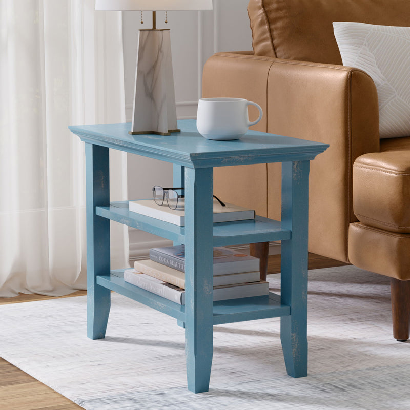 Handcrafted Acadian narrow side table by Simpli-Home with a wooden finish, featuring a sleek design for versatile use in living spaces.
