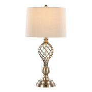 Lumi Source Linx Twist contemporary table lamp set with antique soft brass bases and white shades, modern design for living spaces.