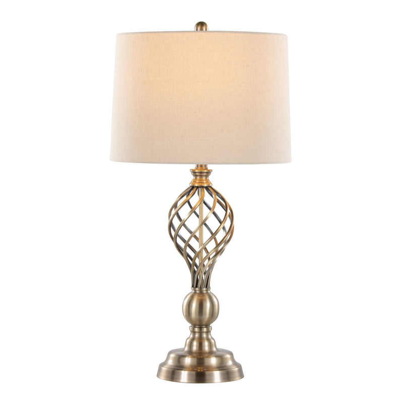 Lumi Source Linx Twist contemporary table lamp set with antique soft brass bases and white shades, modern design for living spaces.