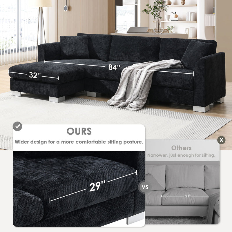 Luxe & Co. modern cloud L-shaped sectional sofa with oversized chaise, four seats, and two free pillows, stationary living room couch