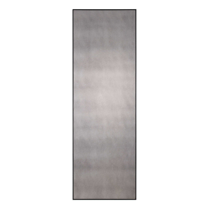 Uttermost Burwell oversized black antiqued wall mirror with distressed frame and classic rectangular design.