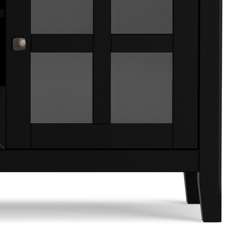 Simpli-Home Acadian TV media stand with open shelves and storage compartments, made of wood in a classic design.