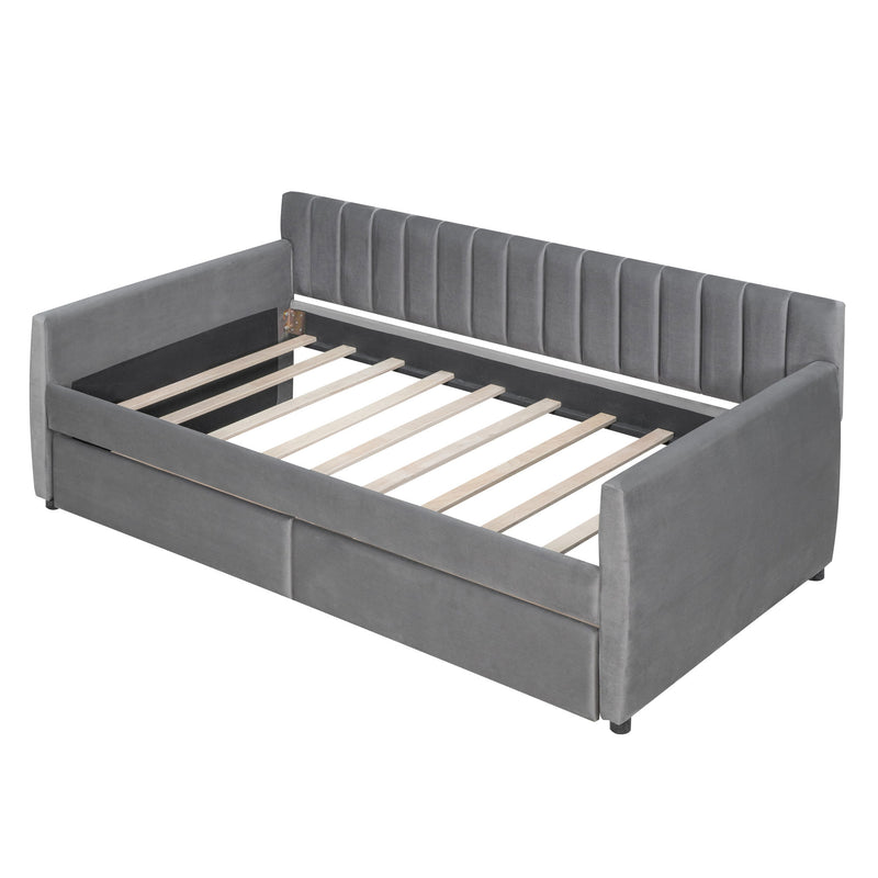 DreamHaus upholstered daybed with slat support, featuring storage beds design and plush fabric for comfortable lounging and sleeping.