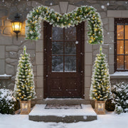 Artificial Christmas 3 Piece Set Wreath And 2 Entrance Trees With LED Lights - White / Green - R&R Furniture Gallery (Fountain Valley, CA)