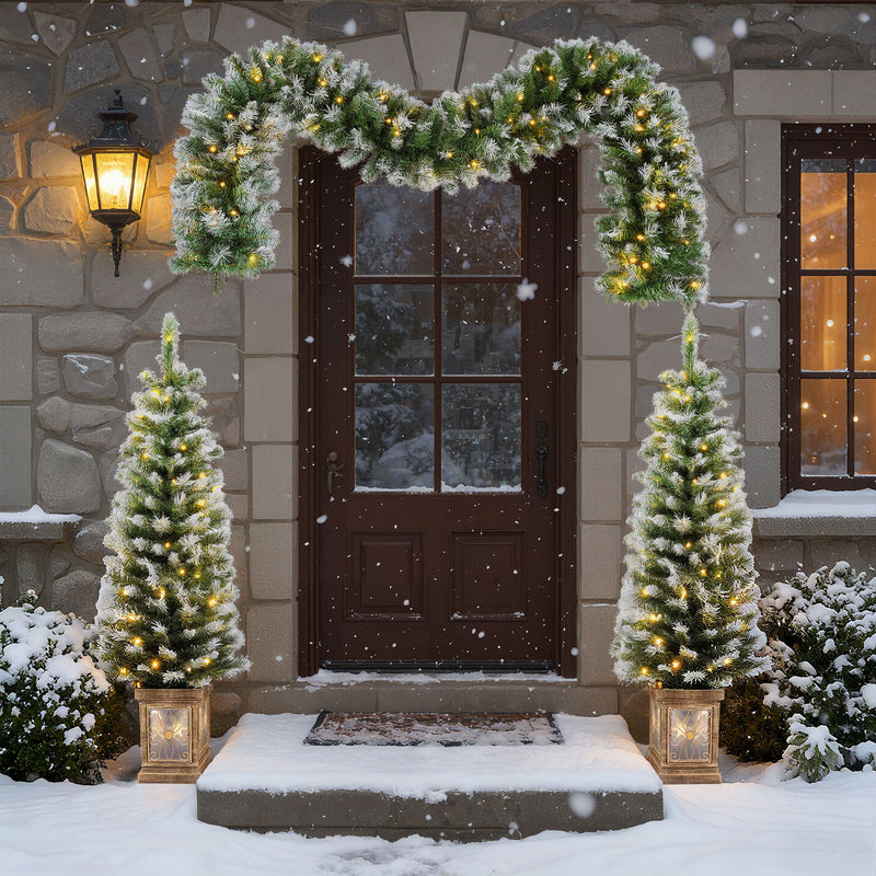 Artificial Christmas 3 Piece Set Wreath And 2 Entrance Trees With LED Lights - White / Green - R&R Furniture Gallery (Fountain Valley, CA)