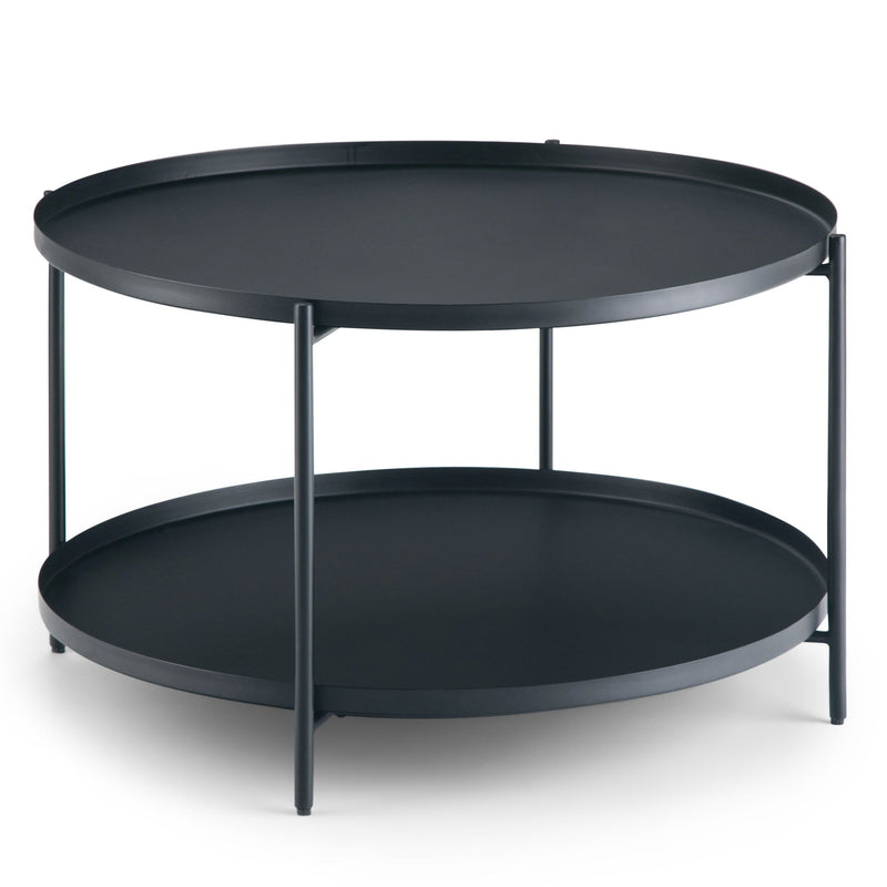 Handcrafted Simpli-Home Monet coffee table with wooden finish, featuring a rectangular top and sturdy legs for modern living rooms.