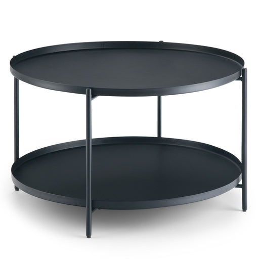 Handcrafted Simpli-Home Monet coffee table with wooden finish, featuring a rectangular top and sturdy legs for modern living rooms.