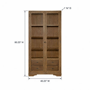 Tall Display Cabinet With Glass Doors And Drawers - Almond
