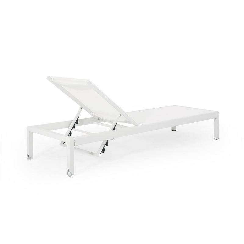 Noble House outdoor patio chaise lounge with five reclining positions, featuring weather-resistant cushions and adjustable backrest.