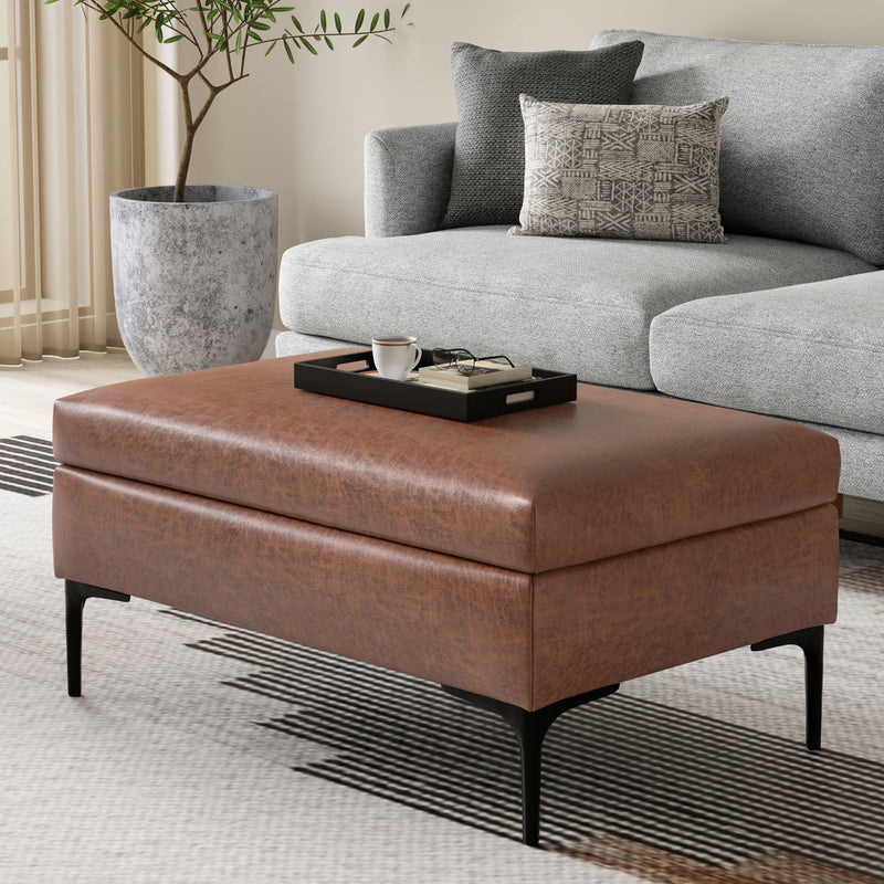 Simpli-Home Rebecca multifunctional coffee table storage ottoman with lift-up lid, beige fabric, and sturdy wooden legs.