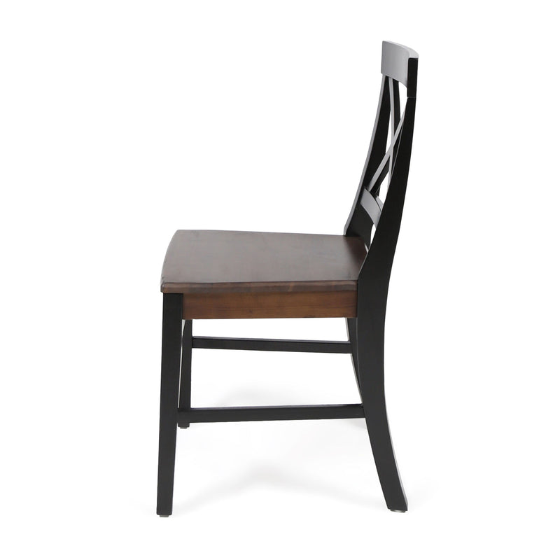 Set of two Noble House Plethora dining chairs with X-shaped backrests and wooden legs, modern and stylish for dining rooms.