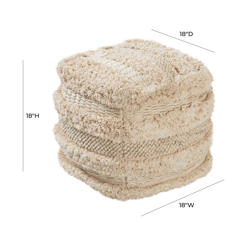Beige cotton Yorba accent pouf by TOV Furniture, soft textured round floor seat with plush appearance.