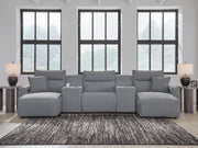 Signature Design by Ashley Modmax II reclining sectional in salt and pepper fabric, showing plush cushions and reclining seats.