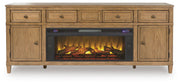 Sharlance 81-inch TV stand with electric fireplace from Signature Design by Ashley, featuring modern wood finish and built-in heating display.