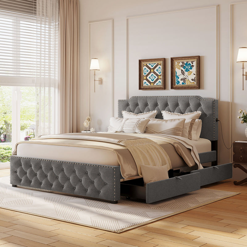 Upholstered Platform Bed With 2 Drawers And 2 Sets Of USB Ports On Each Side, Fabric - R&R Furniture Gallery (Fountain Valley, CA)