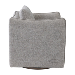 Uttermost Corben swivel chair with plush fabric upholstery and modern design, featuring a rounded back and sleek metal base.