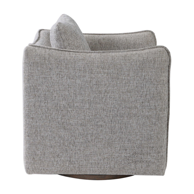 Uttermost Corben swivel chair with plush fabric upholstery and modern design, featuring a rounded back and sleek metal base.
