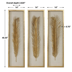 Set of 3 Uttermost Palma leaf shadow box wall decor in gold, featuring elegant leaf designs for stylish home decoration.