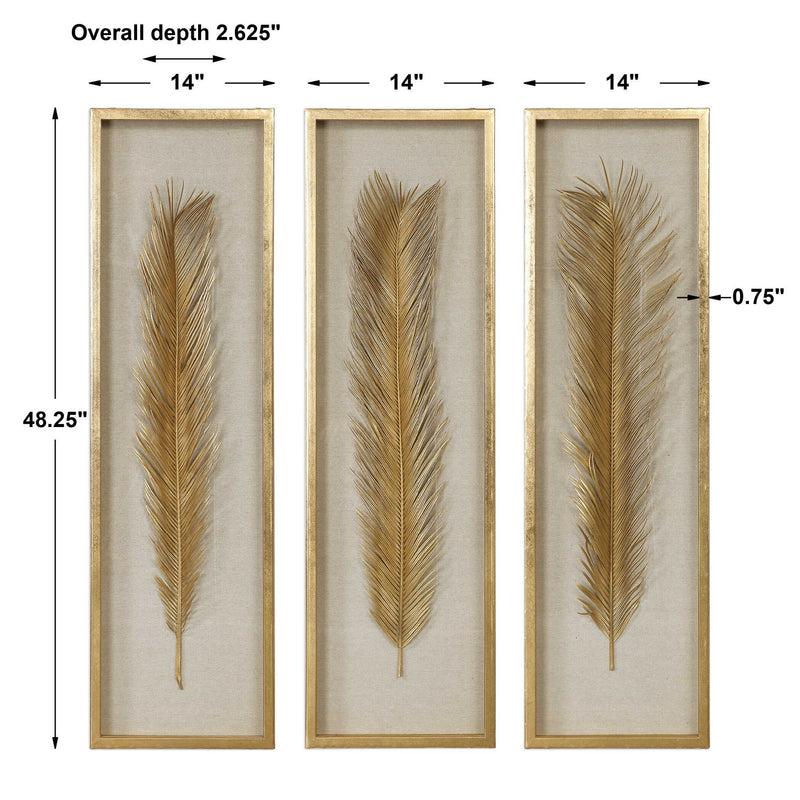 Set of 3 Uttermost Palma leaf shadow box wall decor in gold, featuring elegant leaf designs for stylish home decoration.