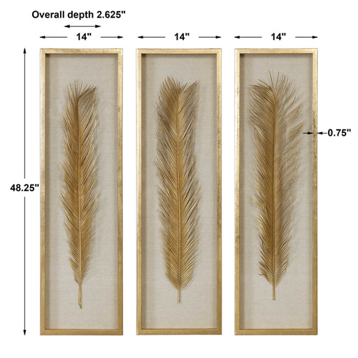 Set of 3 Uttermost Palma leaf shadow box wall decor in gold, featuring elegant leaf designs for stylish home decoration.