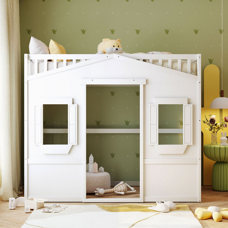 DreamHaus house loft bed with built-in ladder, featuring a cozy sleeping area and sturdy wooden frame, ideal for kids' bedrooms.