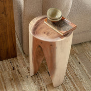 Classic Home Vela accent table with a sleek round wooden top and metal base, ideal for living room or bedroom decor.
